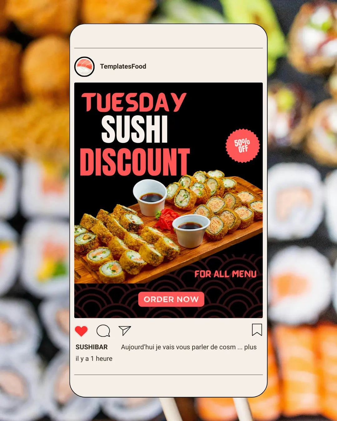 SUSHI Instagram Templates Pack -30 Posts + 2 Free Bonus Templates SALMON PINK Food Templates