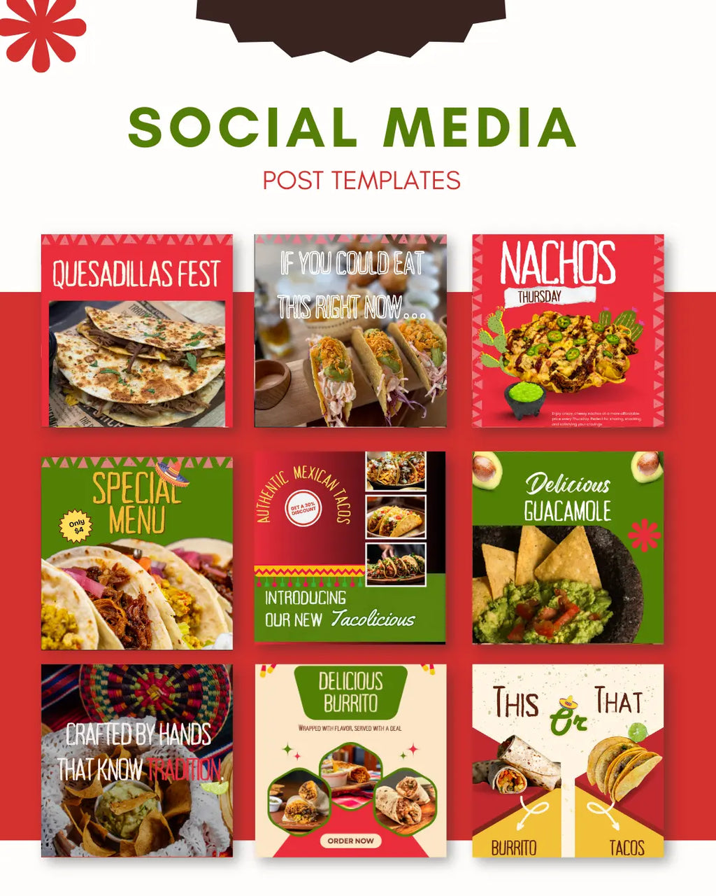 Mexican Food Instagram Templates  30 Editable Canva Templates for Restaurants Templates Food